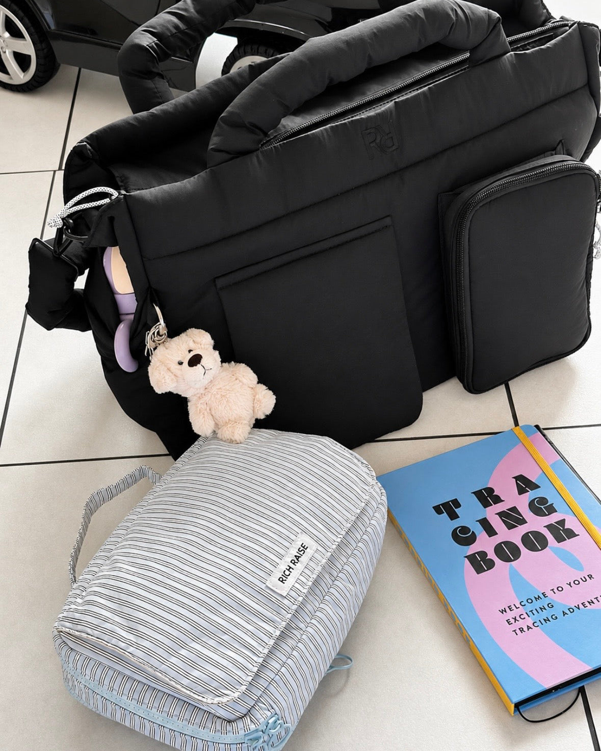 【SET】Large soft bag + Stripe diaper pouch / PINK